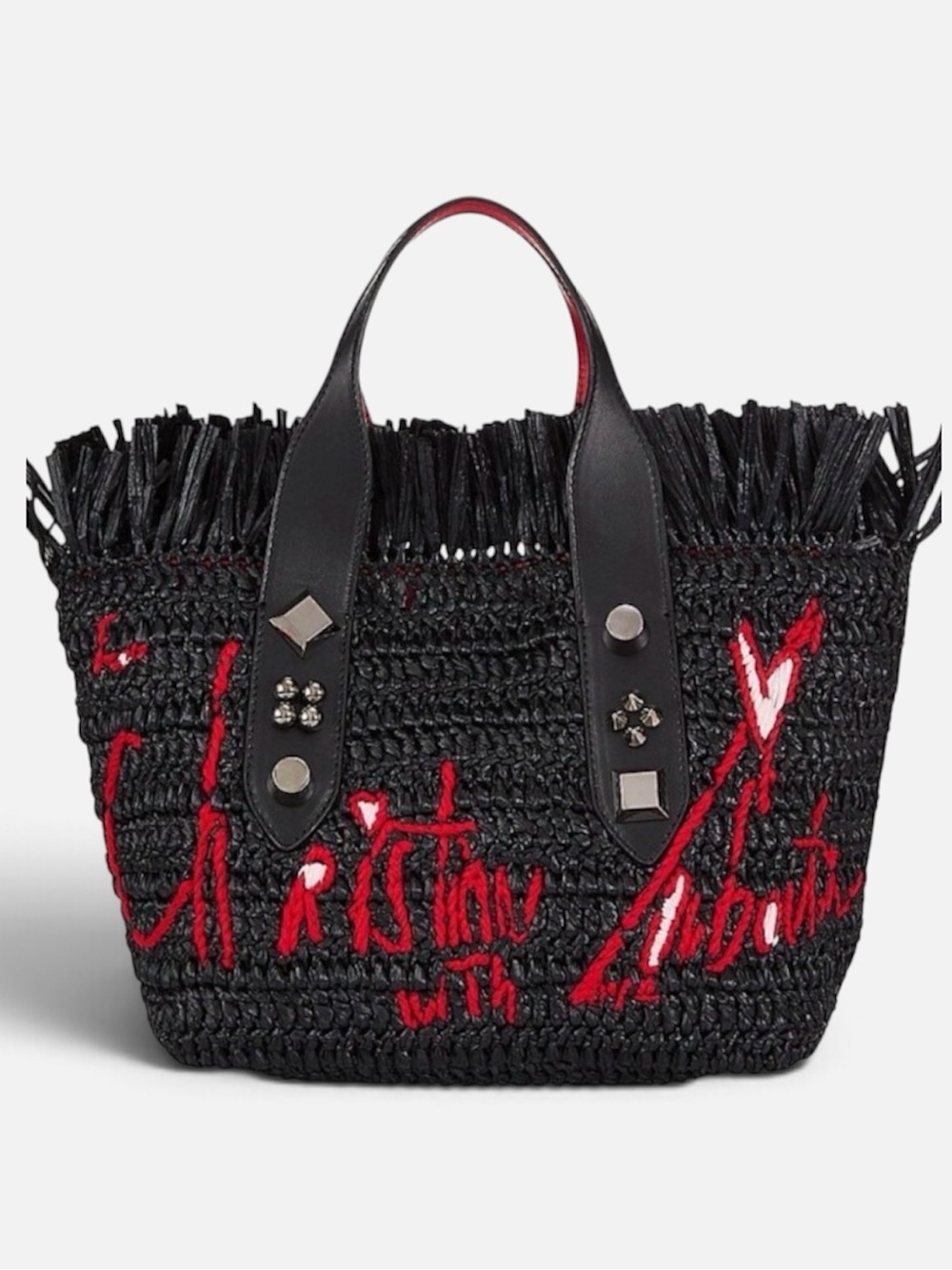 Christian Louboutin Frangibus Embroidered Spike Studded Raffia Black Tote NWT